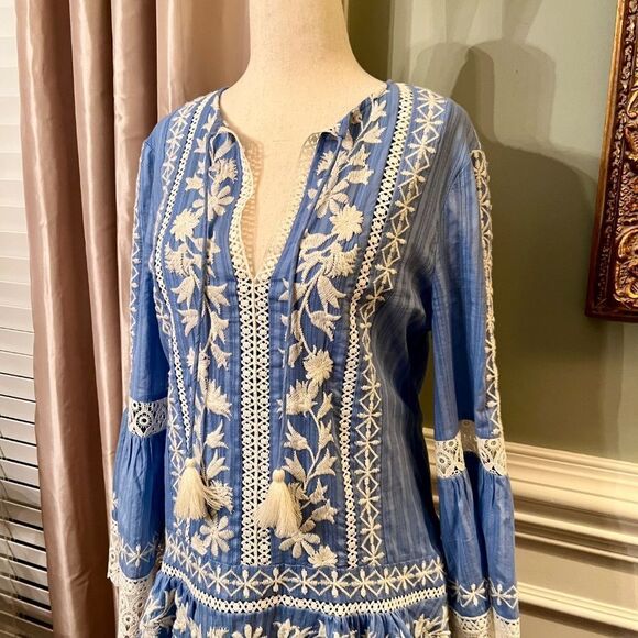 $498 EUC Tory Burch Gabriella Blue White Embroidered Dress Size 2 Perfect - Picture 7 of 10